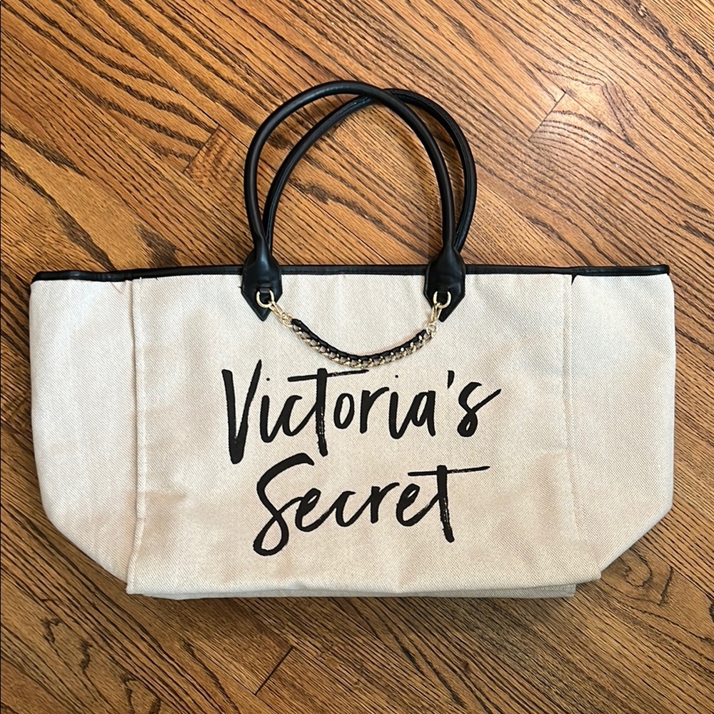 Victoria's Secret Cream and Black Tote Bag with Durable Handles